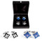 2 Pairs Black & Blue Fleur De Lys Cufflinks Gift Set displayed in pairs with Deluxe Presentation Gift Box close up image