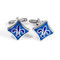 Blue & Silver Fleur De Lis Cufflinks shown as a pair close up image
