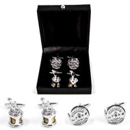 2 pairs fishing reel cufflinks gift set gold and silver finish displayed infront of deluxe presentation gift box