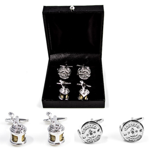 2 pairs fishing reel cufflinks gift set gold and silver finish displayed infront of deluxe presentation gift box