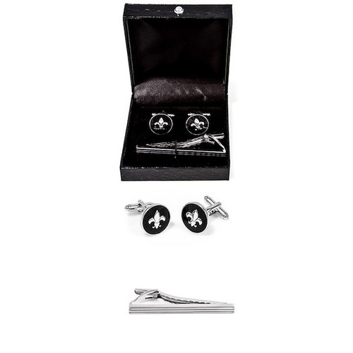 Black and Silver Fleur De Lys Cufflinks and tie bar with presentation gift box
