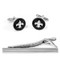 Black and silver Fleur De Lys Cufflinks and tie bar close up image