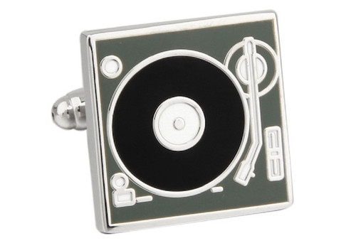 Silver Gray and black DJ Turntable Record Player Cufflinks close up image