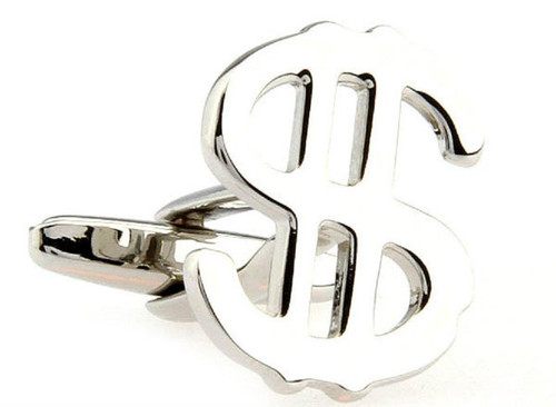 Silver Dollar Sign "$" money symbol cufflinks with smooth shiny finish close up single cuff link image