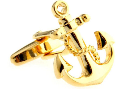 Gold anchor cufflinks with rope close up image