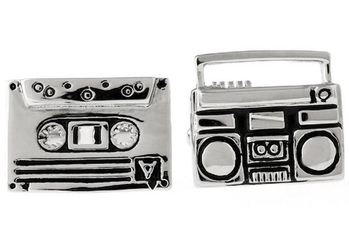 boom box and cassette mix tape cufflinks close up image