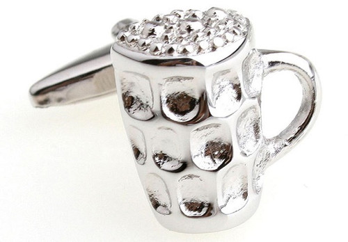 Silver beer mug cufflinks close up image