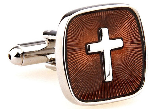 Brown square with silver cross cufflinks close up image
