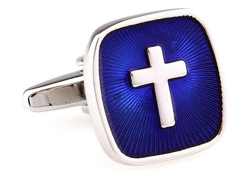 Blue square silver cross cufflinks close up image
