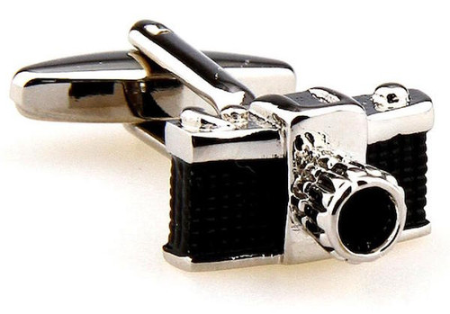 black & silver camera cufflinks close up image