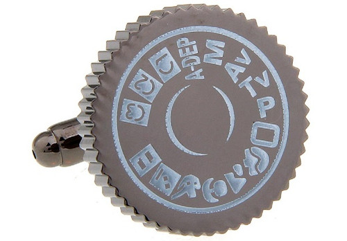 Gun metal camera dial cufflinks close up image