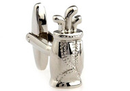 silver golf clubs & golf bag cufflinks close up image