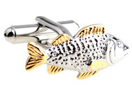 bass fish cufflinks in silver and gold tone close up image