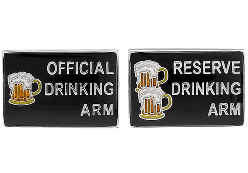beer drinking arm cufflinks shown as a pair close up image.