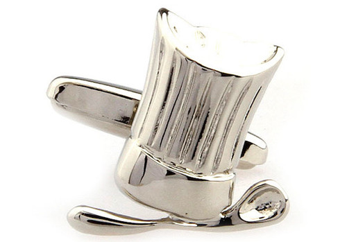 Chef's hat with mixing spoon cufflinks in silver tone shown as a single image close up