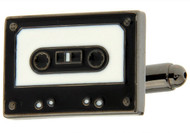 cassette tape cufflinks also known as mix tape cufflinks in black & white color shown as a close up single image