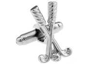 silver golf clubs with golf ball cufflinks close up image