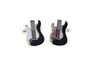 Fender style stratocaster electric guitar cufflinks shown as a pair side by side close up image