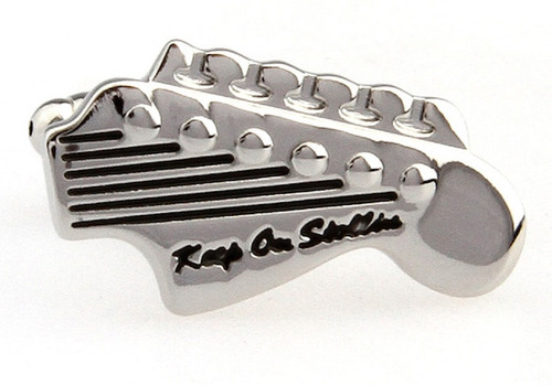 silver electric guitar headstock cufflinks close up image