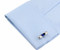 Blue Level Cufflinks displayed on a white dress shirt sleeve cuff close up image