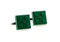 Green Lego cufflinks shown as a pair close up image