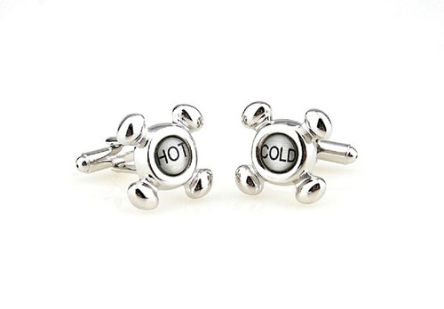 hot & cold faucet cufflinks shown as a pair close up image