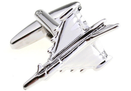 silver F16 fighting falcon jet airplane cufflinks close up image