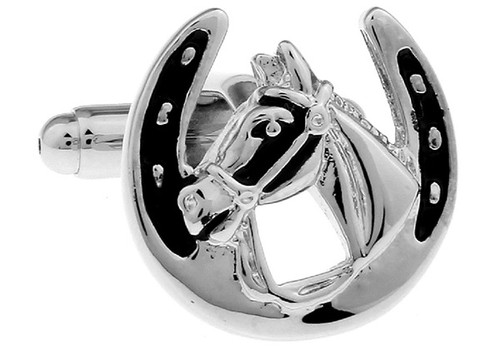 silver horse head horseshoe cufflinks close up image
