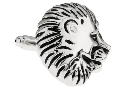 silver lion head cufflinks close up image