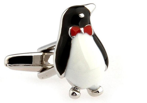 Silver Emperor Penguin in a red bowtie Cufflinks close up image