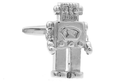 silver robot cufflinks close up image