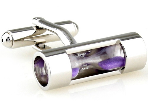 silver with purple sand timer cufflinks close up image