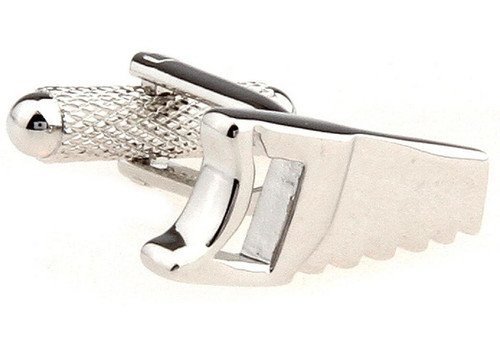 silver hand saw cufflinks close up image