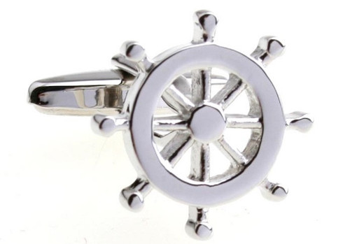 silver ship wheel cufflinks close up image