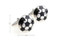 black and silver soccer ball cuff links shown as a pair with size dimensions 17 mm by 17 mm close up image