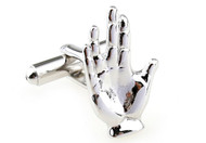 silver hand Jewish blessing vulcan hand cufflinks close up image