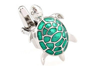 Silvertone Turtle cufflinks with green inlay on the shell, silver tortoise cufflinks with green enamel inlay on the shell