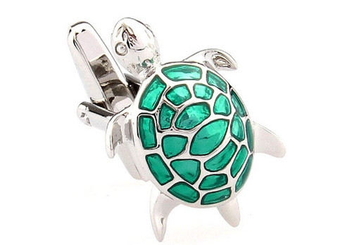 Silvertone Turtle cufflinks with green inlay on the shell, silver tortoise cufflinks with green enamel inlay on the shell