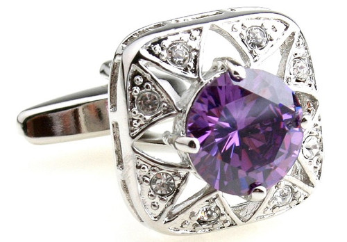 Vintage style round purple crystal cufflinks close up image