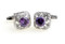 round purple crystal cufflinks shown as a pair close up image