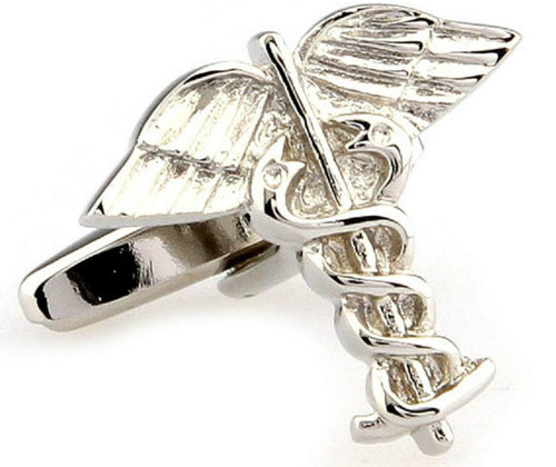 Medical Symbol Cufflinks Caduceus Symbol Cufflinks shown in silver-tone single image close-up view