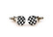Round black and abalone checkerboard cuff links shown as a pair side angle view close up image