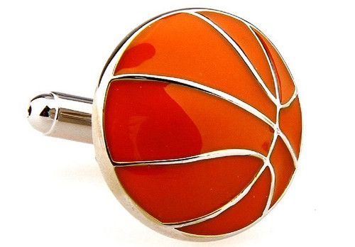 silver and orange basket ball cufflinks close up image