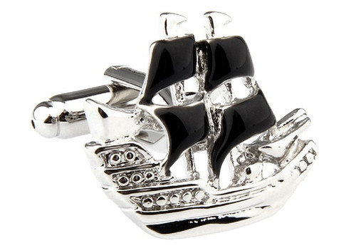 Buccaneer Brig Boat Pirate Ship Cufflinks with black enamel sails close up image