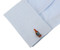 Brown Whiskey Bottle Cufflinks displayed on a white dress shirt sleeve cuff close up image