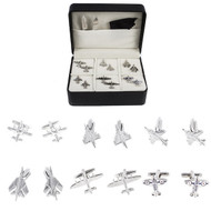 6 pairs assorted jet fighter plane cufflinks displayed in presentation gift box with collar tabs and polishing cloth close up image