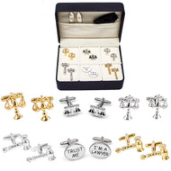 6 pairs of assorted criminal justice judicial theme cufflinks in presentation gift box.
cufflinks assortment include:
1 pair gold scales of justice cufflinks
1 pair silver scales of justice cufflinks
1 pair gold gavel cufflinks
1 pair silver gavel cufflinks
1 pair black enamel and silver scales of balance cufflinks
1 pair Trust Me Im A Lawyer cufflinks
1 pair collar tabs
1 polishing cloth