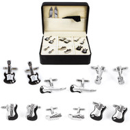 6 pairs of assorted fender style stratocaster electric guitar cufflinks on display in front of the presentation cufflinks gift box close up image