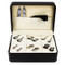 6 pairs of electric guitar cufflinks shown inside the presentation cufflinks gift box with collar tabs and polishing cloths