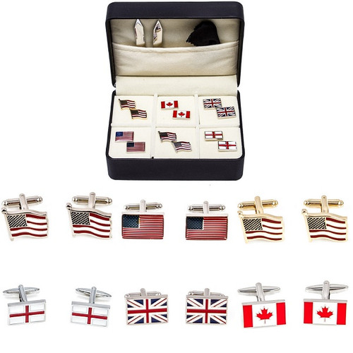 6 pairs assorted patriotic flag cufflinks for England, Britain, Canada and USA; British flag cufflinks; English flag cufflinks; Canadian flag cufflinks and American flag cufflinks on display individually with collar tabs, polishing cloth and presentation gift box